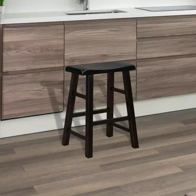 eHemco Heavy-Duty Solid Wood Saddle Seat Kitchen Counter Height Barstools, 24 Inch, Black