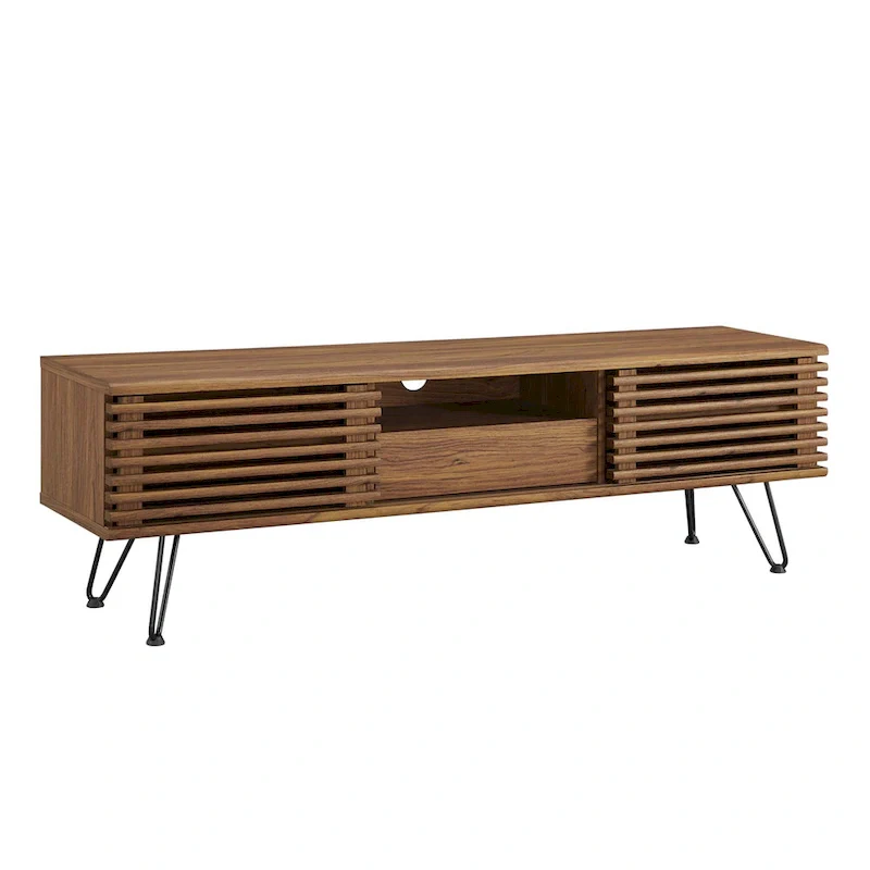 Walnut Mid-Century Modern TV Stand with Hairpin Legs, Center Drawer & Slatted Sliding Doors – Single