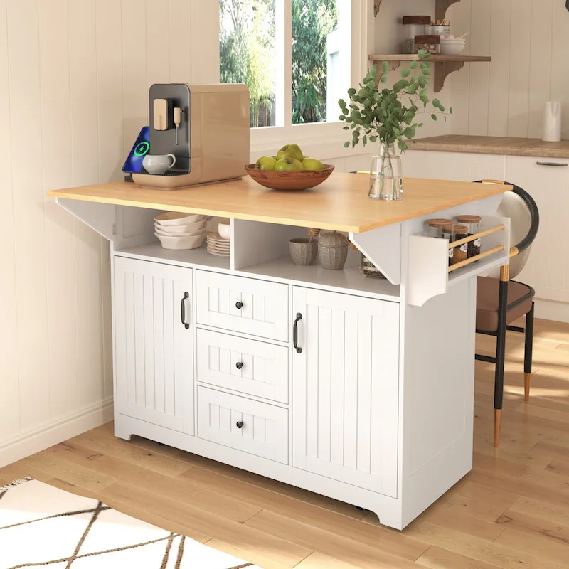 White/Green/Black Drop-Leaf Kitchen Island Cart, Seats 4