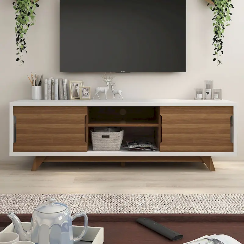 White and Walnut Mid-Century Modern TV Stand - 62 inch Wide with 6 Shelves