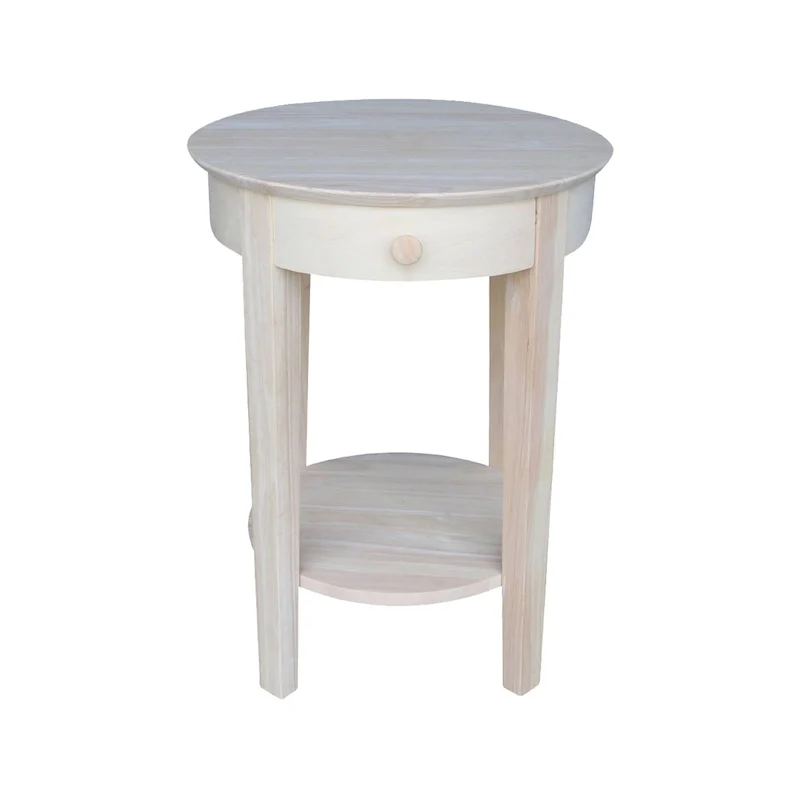 Unfinished / Grey / White / Black / Ocean Blue Solid Parawood Round Accent Table with Drawer and Lower Shelf