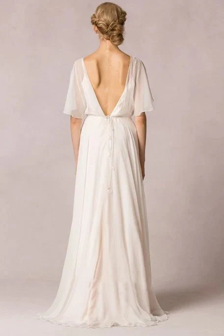Sheath Scoop-Neck Floor-Length Poet-Sleeve Appliqued Chiffon Wedding Dress With Pleats
