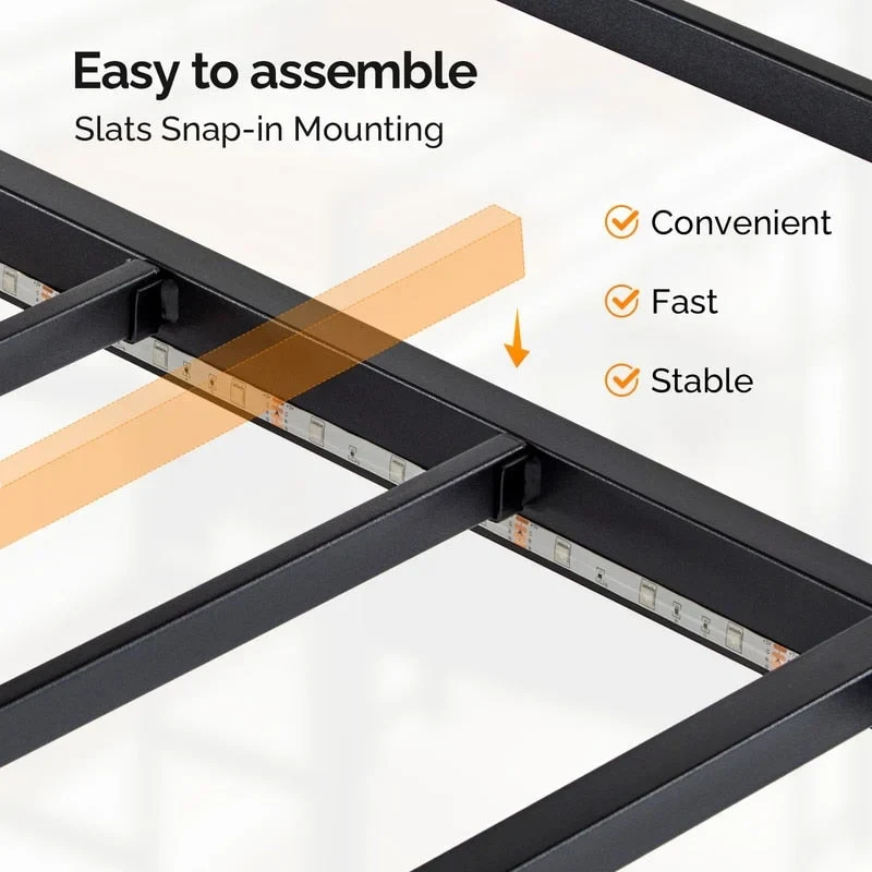 Black Twin Raised Bed with Desk Bookshelf Drawers Socket Light Strip Iron Bed USA