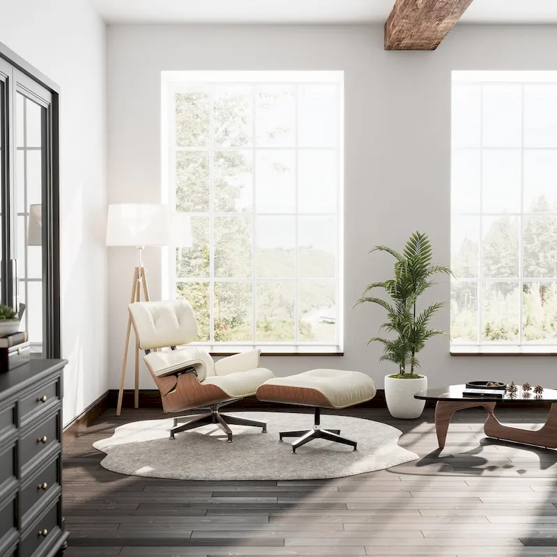 Mid-century Full Grain Leather Accent Chaise Lounge Chair and Ottoman