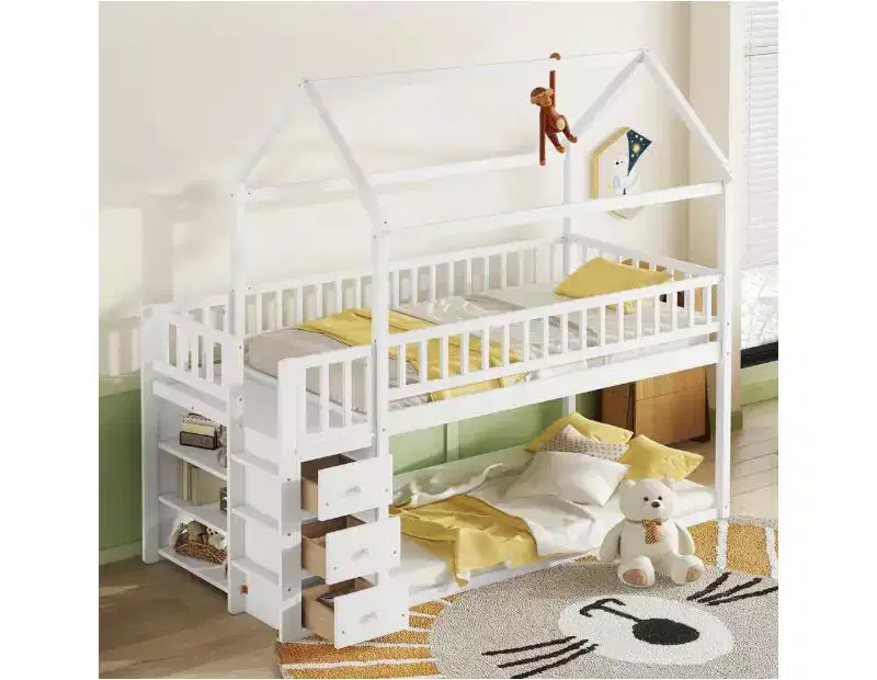 Wooden Loft Bed with Roof Design, Twin Bed for Children & Teens, Fall Protection, Safety Rail, Storage Stairs, Children's Bed