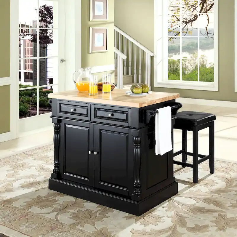 Oxford Butcher Block Top Kitchen Island in Black Finish with Stools - 47.75 W x 23 D x 35.75 H