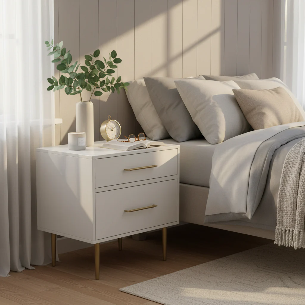 25.75 White Two Drawer Nightstand with Gold Pulls