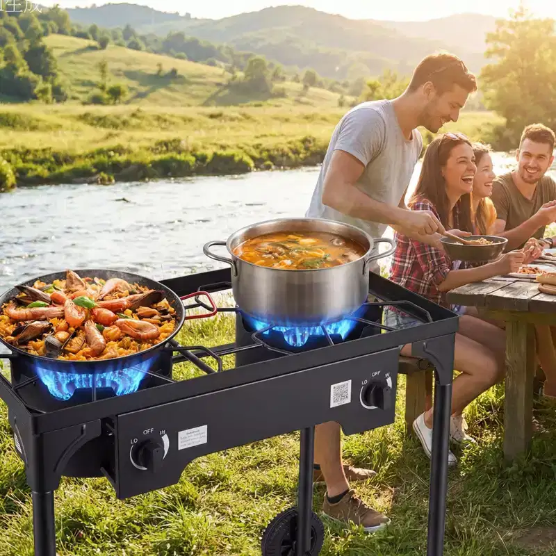 VEVOR 2 Burner Outdoor Propane Gas Stove, 150,000 BTU Propane LPG Gas Camping Stove with 2 Wheels & 20 PSI Regulator & Hose, Black
