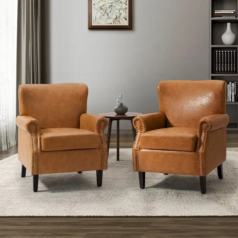 Vegan Leather Rolled Arm Accent Chair, Brown/Ivory, Set of 2
