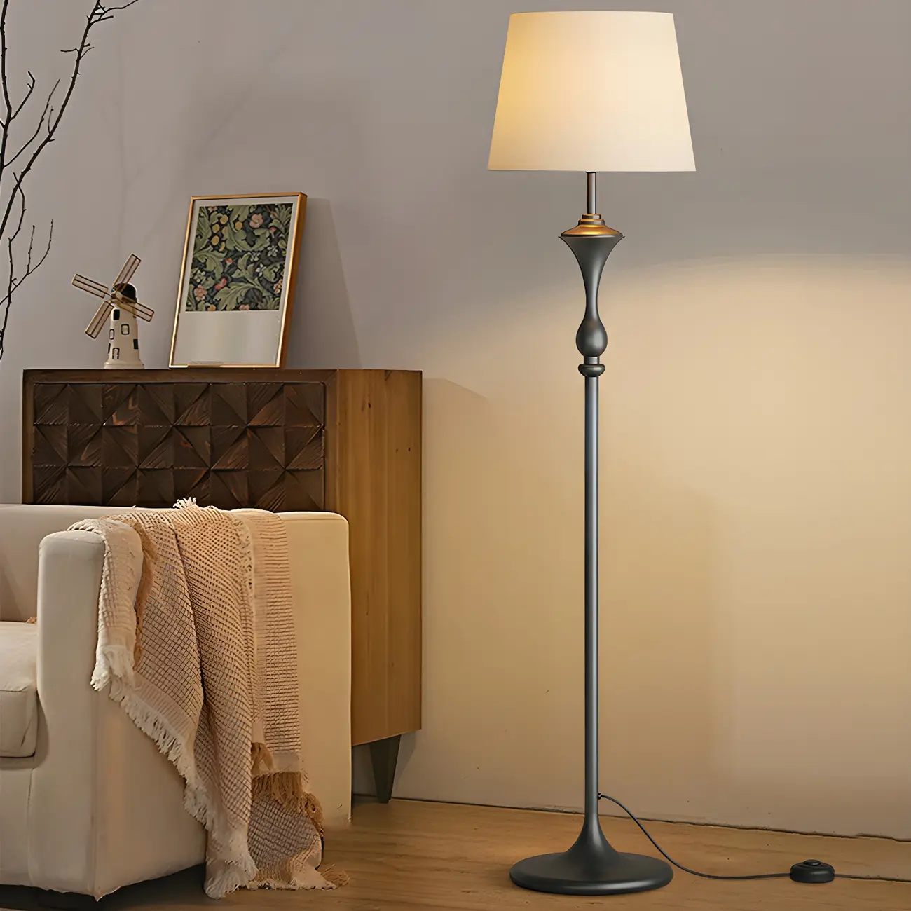 63 Black Metal Modern Floor Lamp with Shelf & LED Light