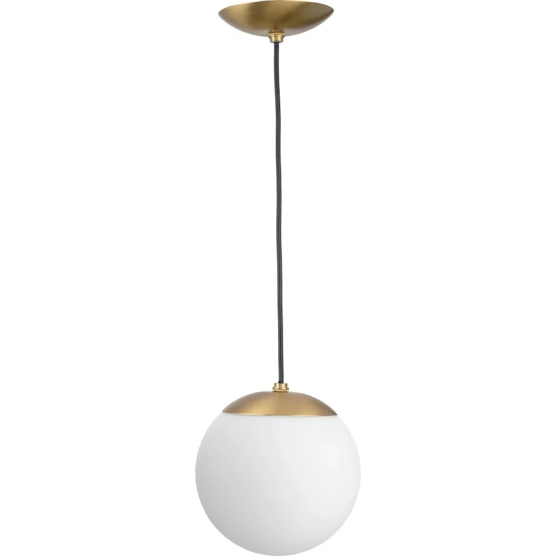 Atwell Collection Brushed Bronze and Opal Glass Globe Small Hanging Pendant Light - 8 in x 8 in x 8.5 in