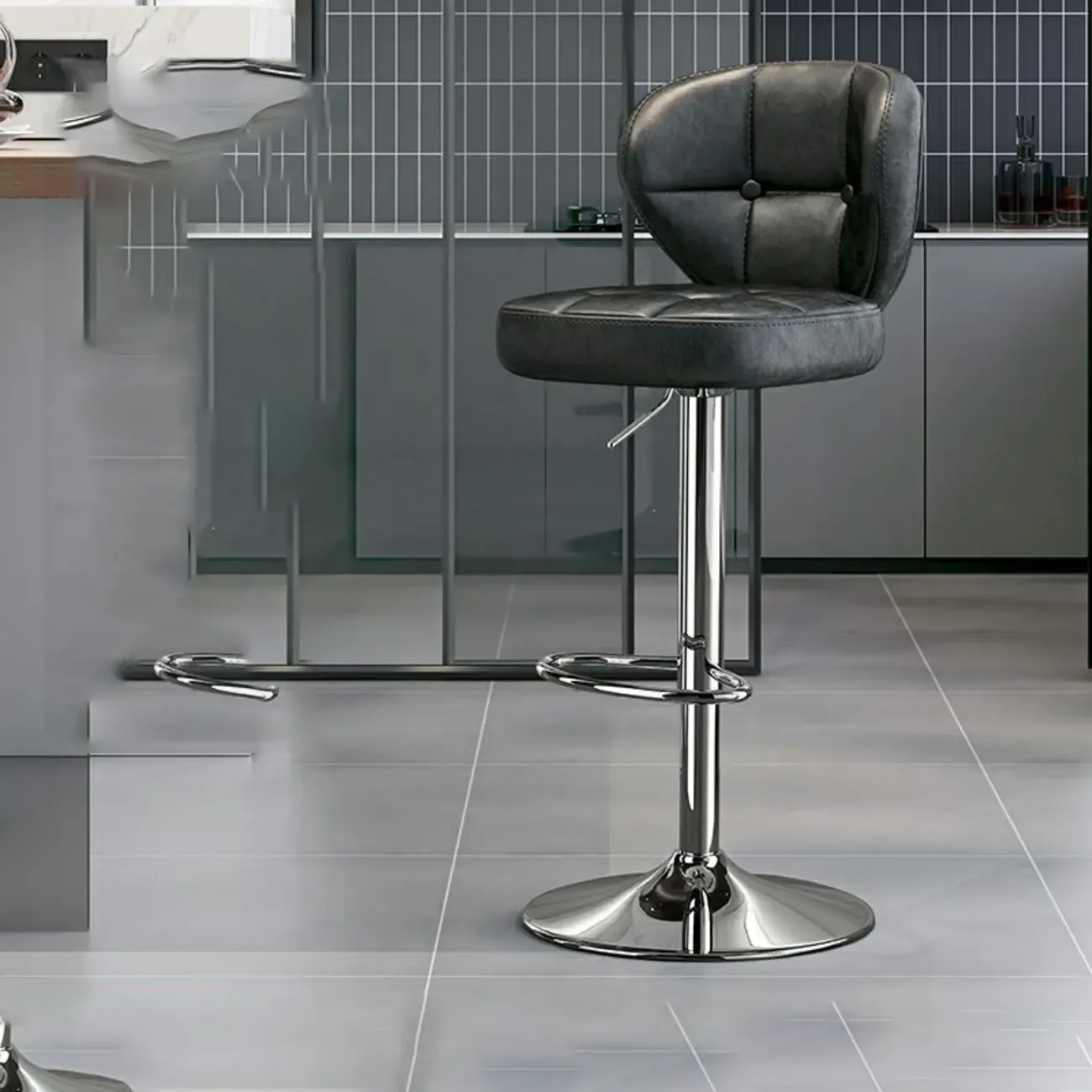 Modern Square Tufted Faux Leather Adjustable Swivel Bar Stools