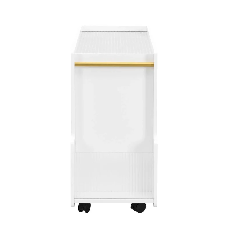 31.5  Modern Mobile End Table with 5mm Thick Fluted Tempered Glass, Lockable Wheels and Golden Round Rod