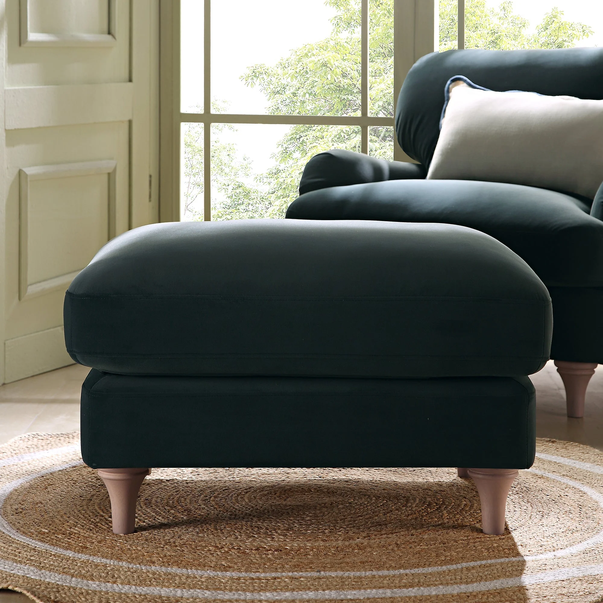 Aegean Blue Velvet Sofa, Footstool