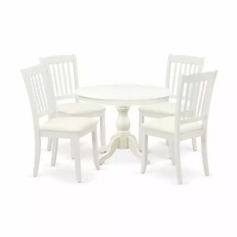 HomeStock 5-Piece Round Linen White Finish Solid Wood Top Dining table with 4-Chairs with Slat Back