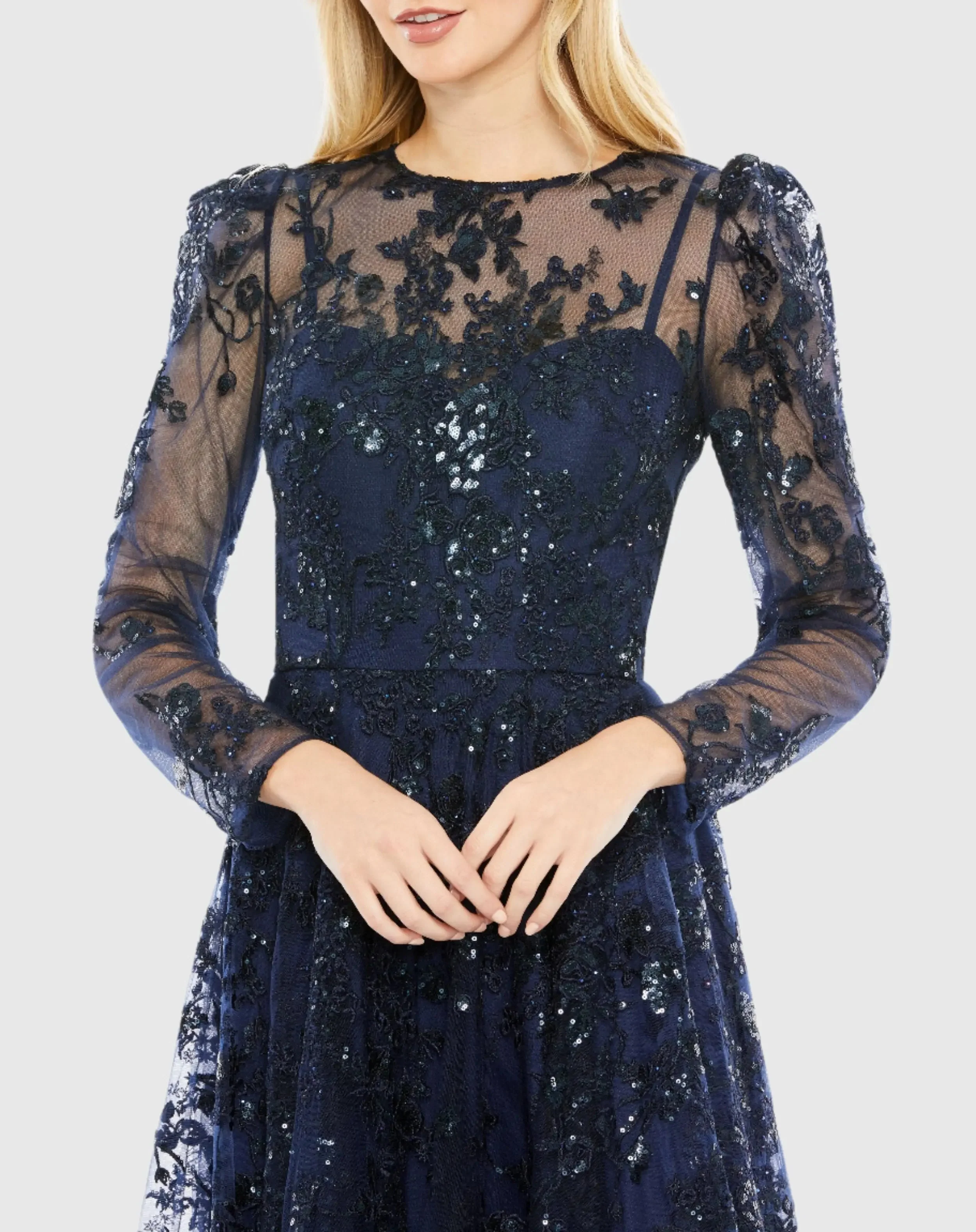 Navy Embroidered Illusion High Neck A Line Dress