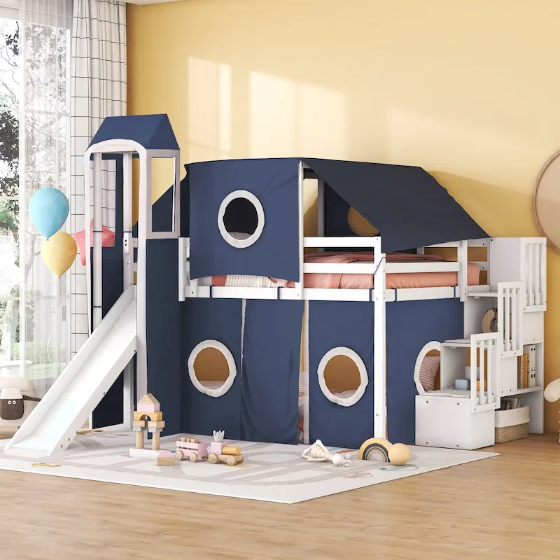 Full Size Castle Loft Bed, Playhouse Design, Window Cutouts, Solid Pine and MDF, Kids Style, Blue / Pink, 1 Person