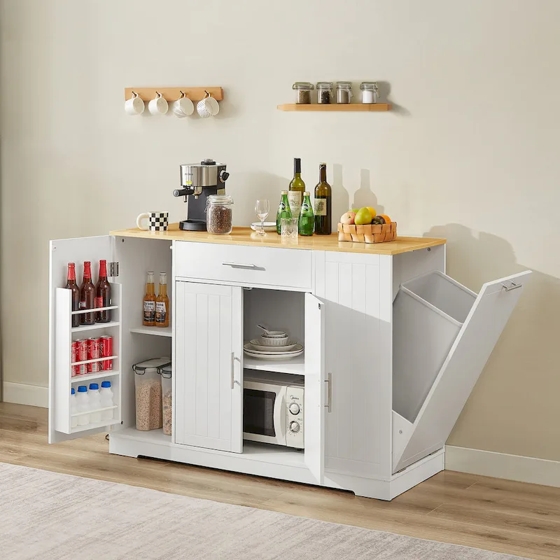 White Kitchen Island with Trash Can Cabinet, 53 In, 1-Person