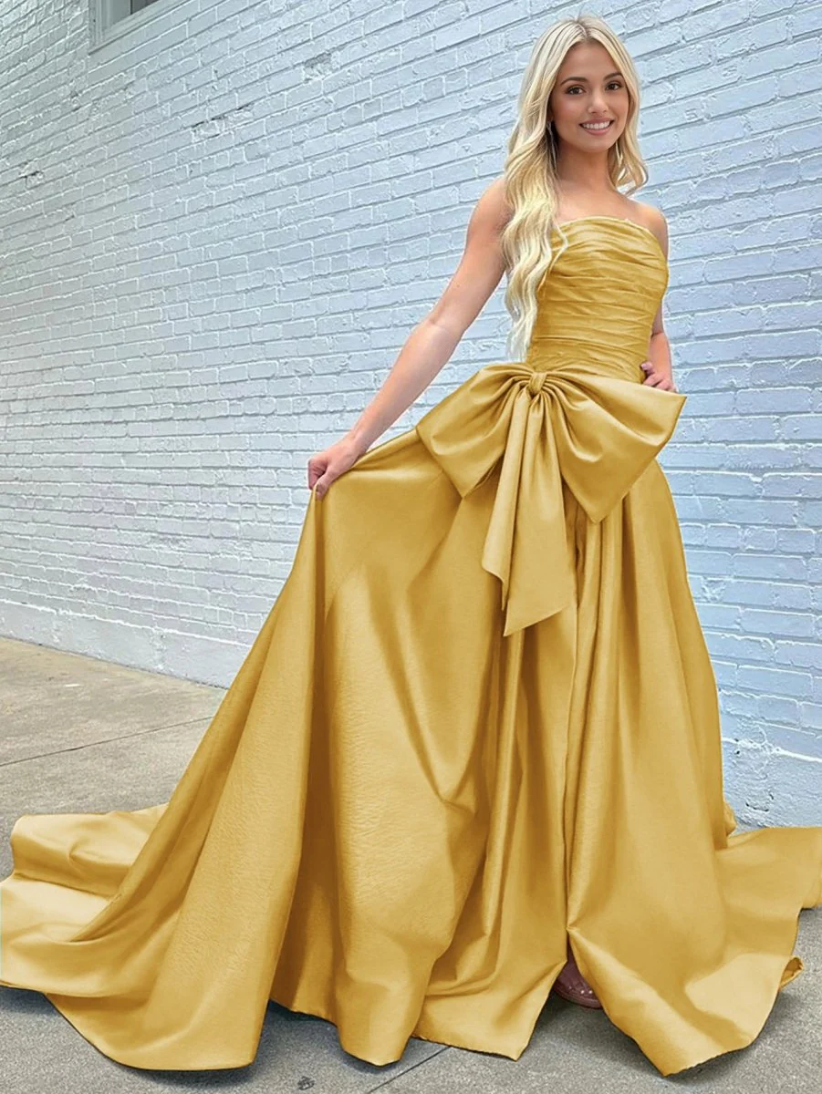 A-line Strapless Taffeta Long Prom Dress With Slit