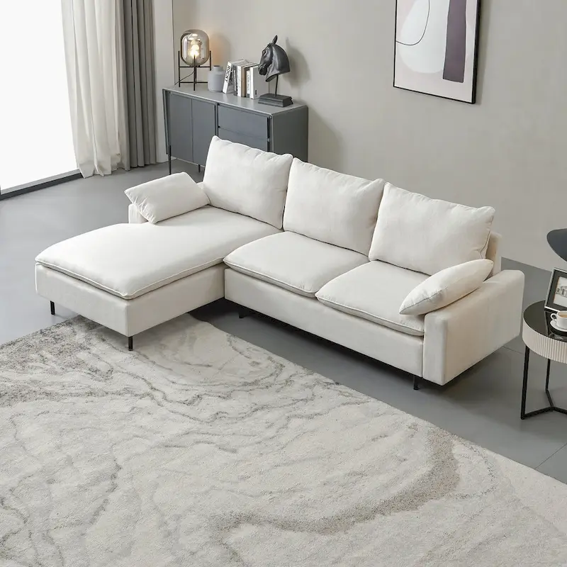 Beige Linen L-Shaped Sectional Sofa with Chaise, Seats 3-4