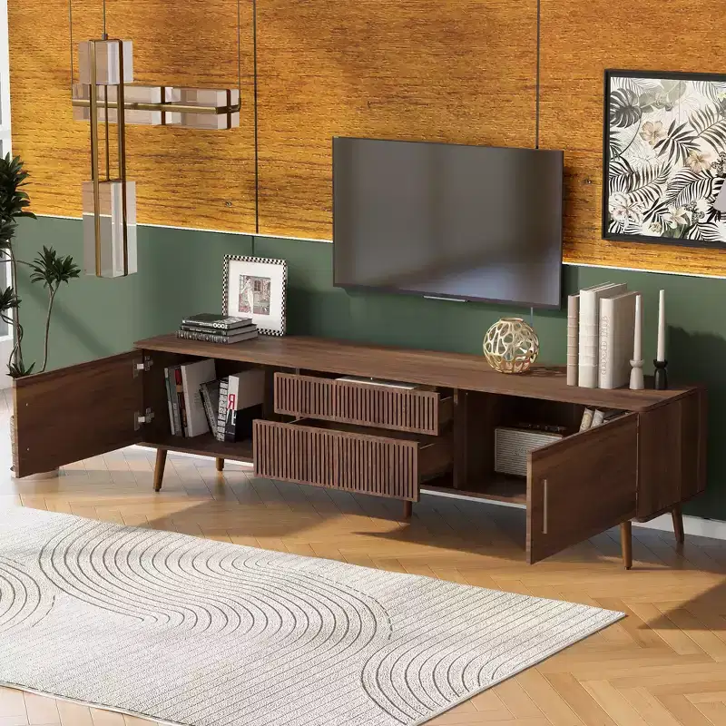 Mid Century TV Stand with 2 Drawers, Media Console Table for TVs up to 80'', Entertainment Center with Storage, Walnut - ModernLuxe
