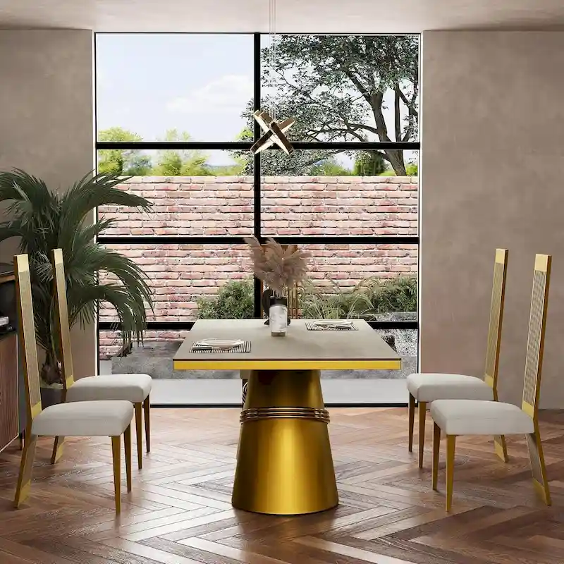 Brushed Gold Dining Table with 78 inch Glass Top and Tapered Barrel Base