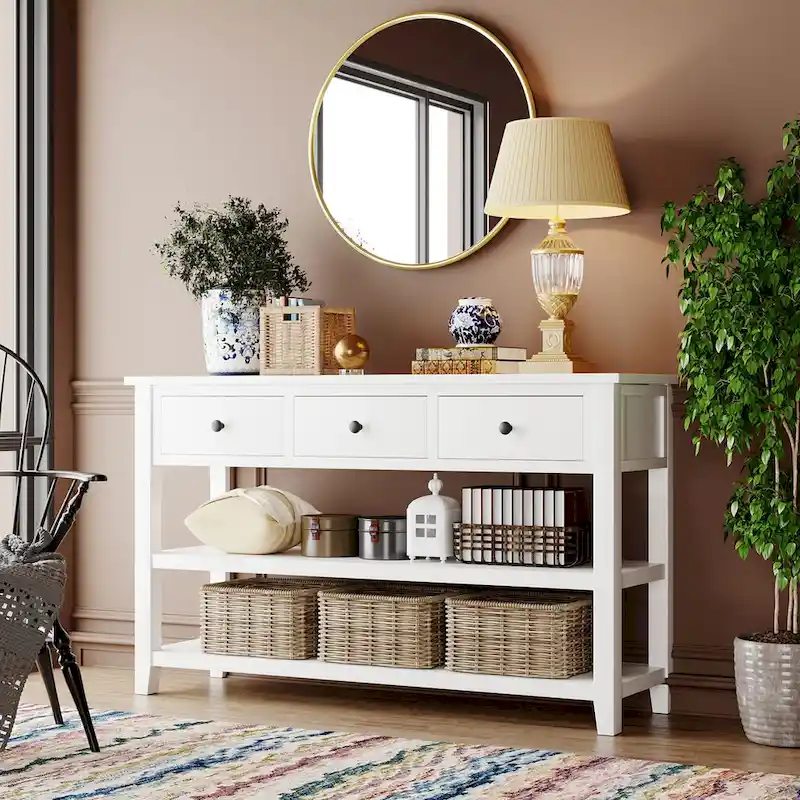 Navy / Antique White / Espresso Mid-Century Console Table, 3 Drawers, Single