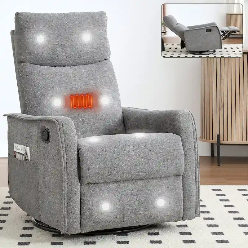 8 Point Massage Manual Recliner Chair Fabric Swivel Rocking Chair Single Sofa Armchair with Rocker and Lumbar Heating