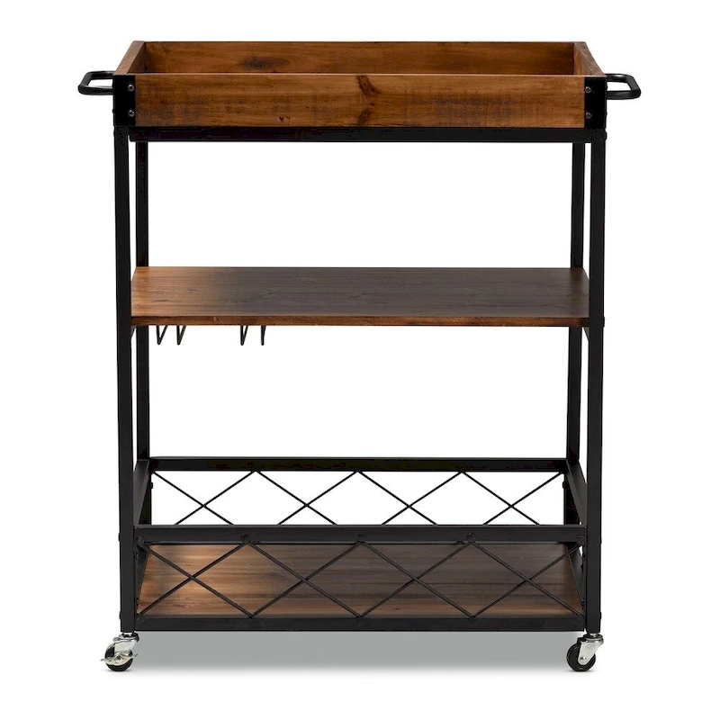 Industrial Oak Brown Bar Cart with Stemware Rack