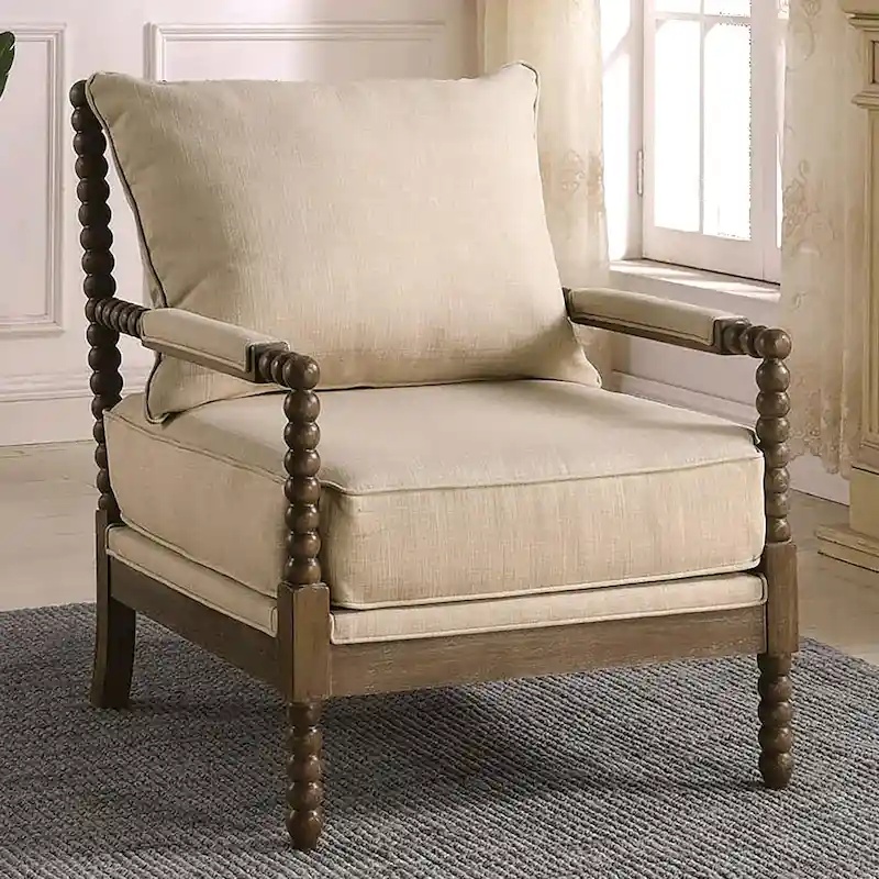 Amber / Oatmeal Fabric Spindle Accent Chair with Walnut Legs – Single