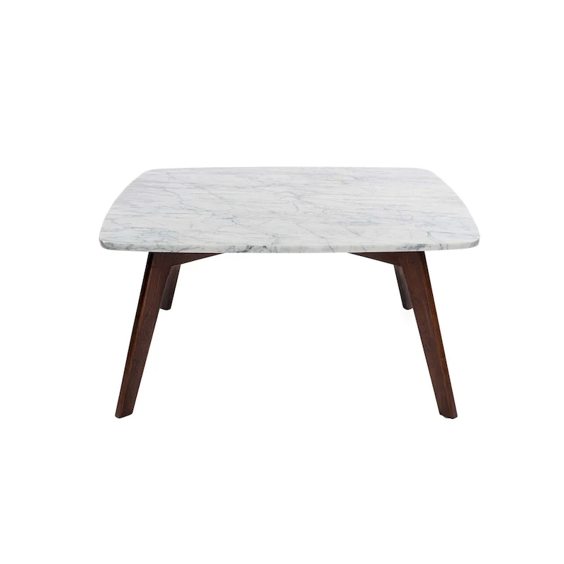 Square Marble Top Coffee Table with Elm Wood Legs – White & Walnut, Mid-Century Modern Style