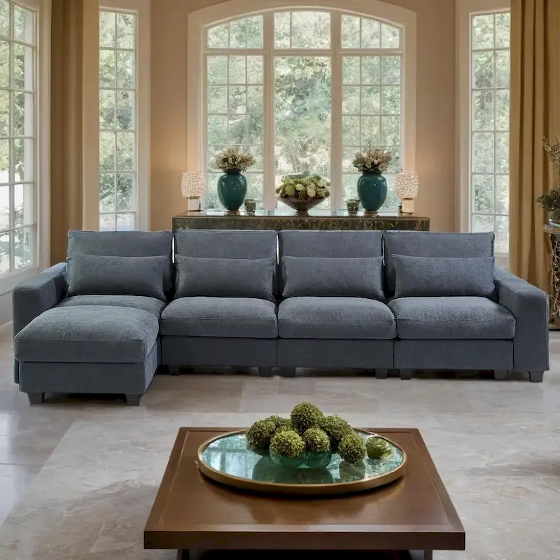 Modern Convertible L-Shaped Linen Feather Filled Reversible Sectional Sofa