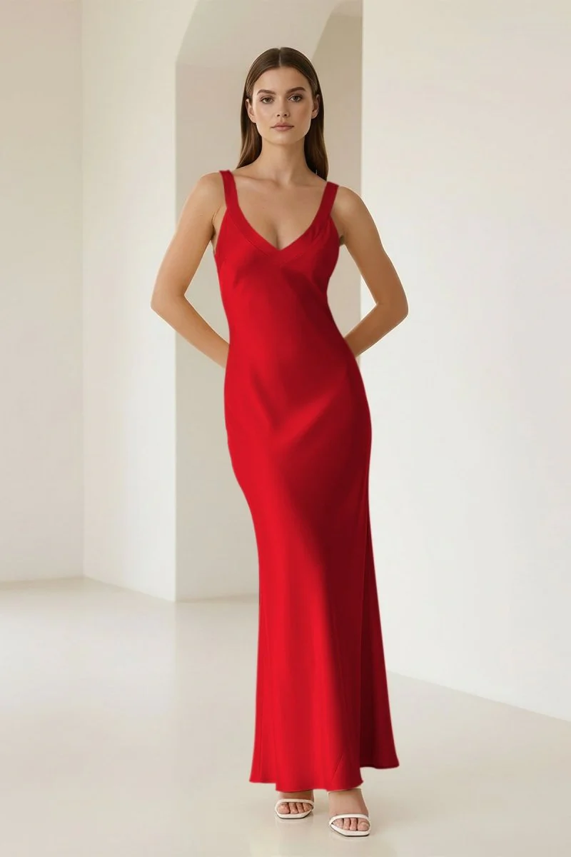 Yellow Mermaid Satin V Neck Long Party Dress