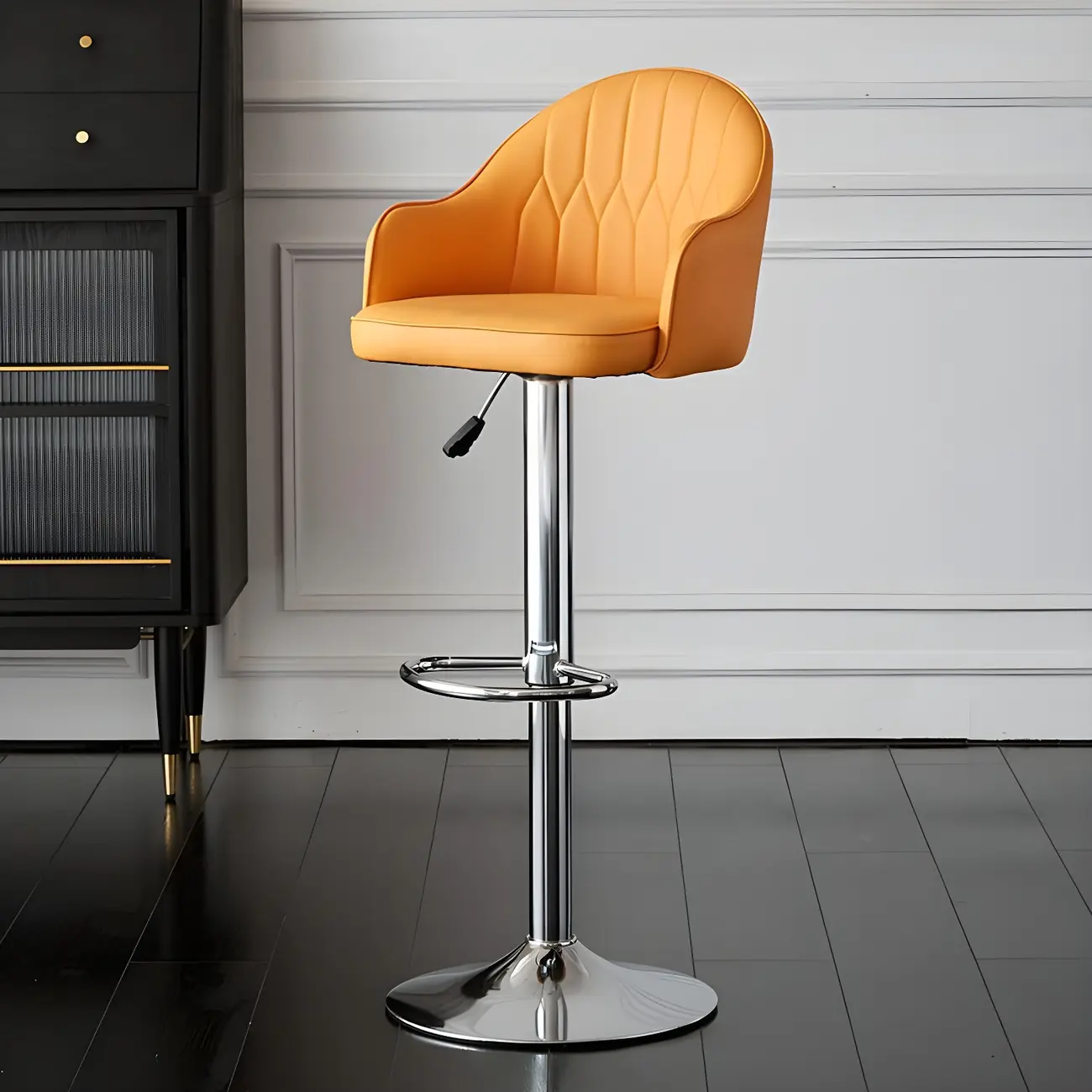 Swivel Upholstered Adjustable Height Home Armed Barstool with Metal Base