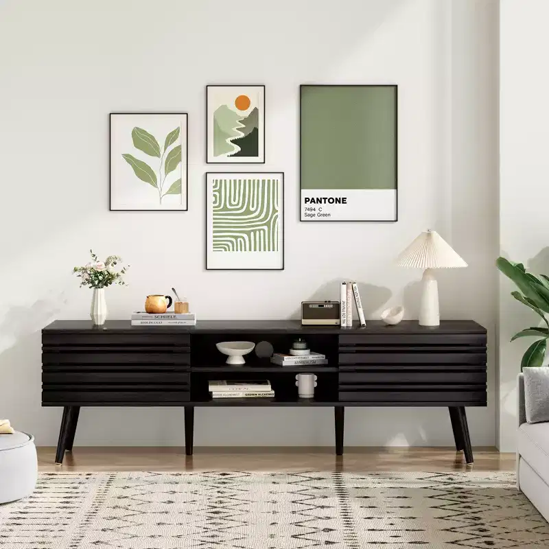 JVNOXK Mid Century Modern TV Stands for up to 70 TV with Storage, Fluted Wood TV Stand for Living Room, Boho Media Console,Dark Walnut