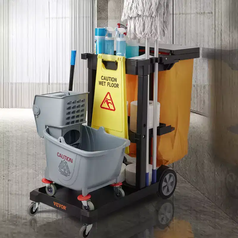 VEVOR Cleaning Cart, 3-Shelf Commercial Janitorial Cart, 200 lbs Capacity Plastic Housekeeping Cart, with 25 Gallon PVC Bag and Cover