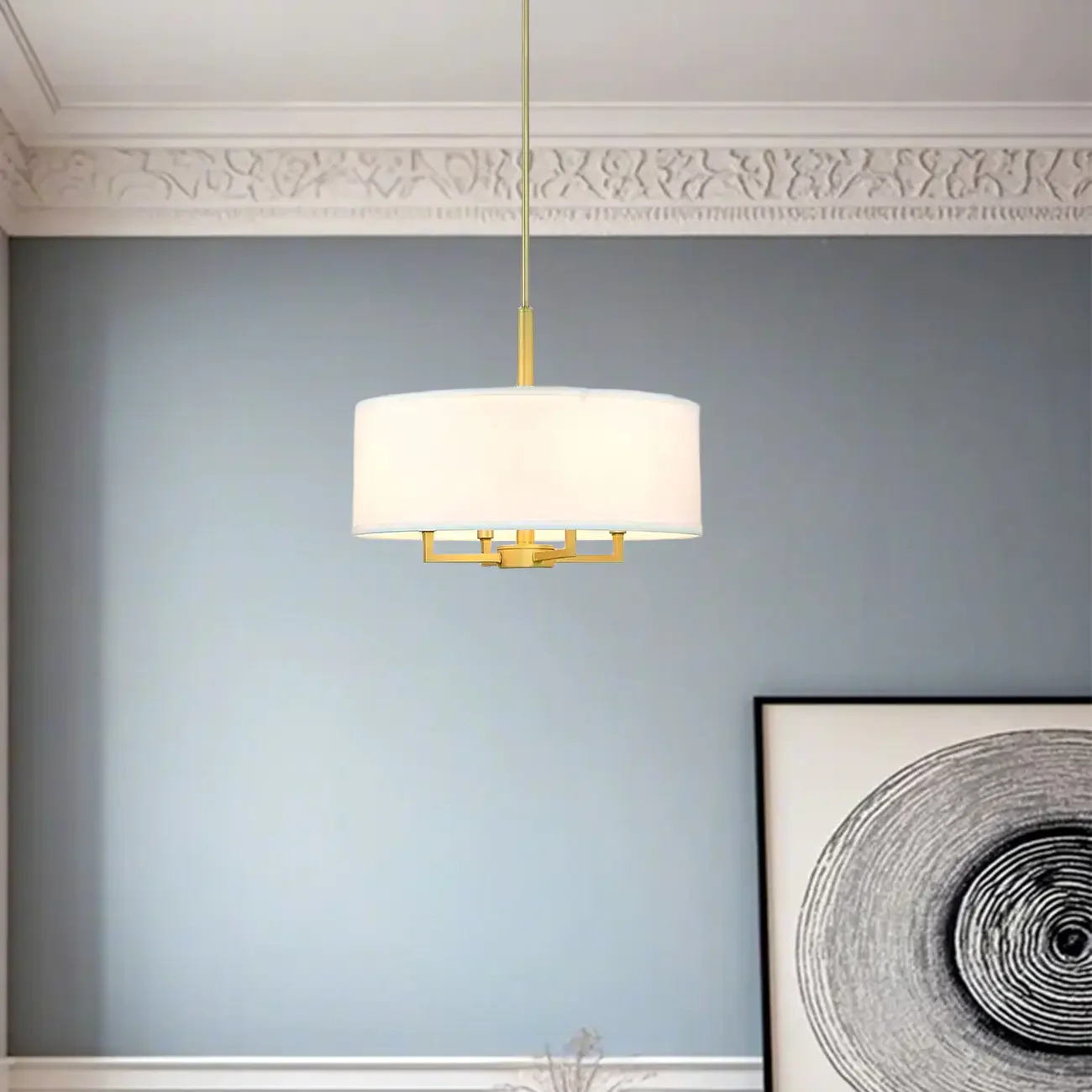 Modern Fabric Drum Chandeliers with Elegant Gold Finish