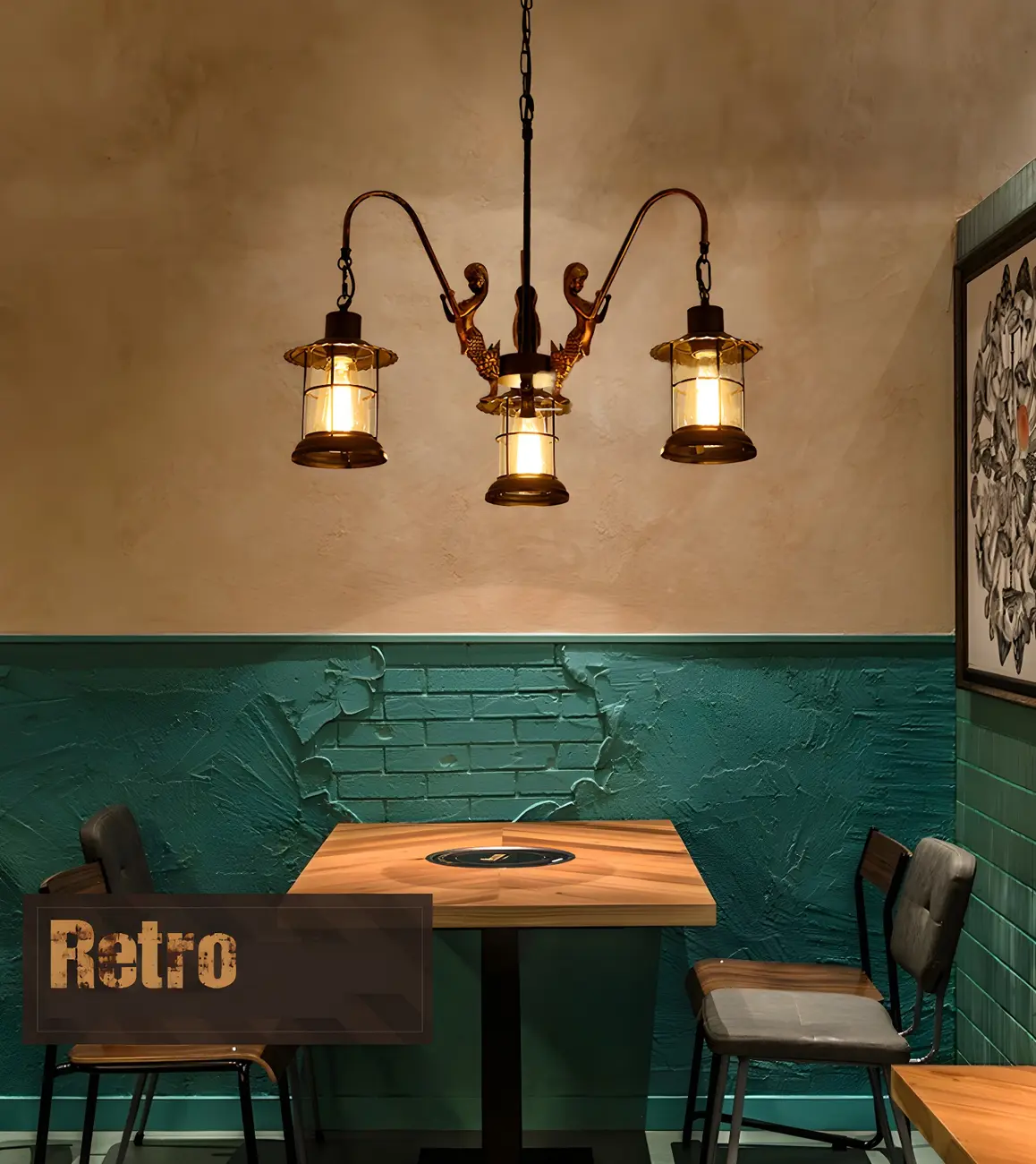 Industrial Black Metal Lantern Wheel Chandelier