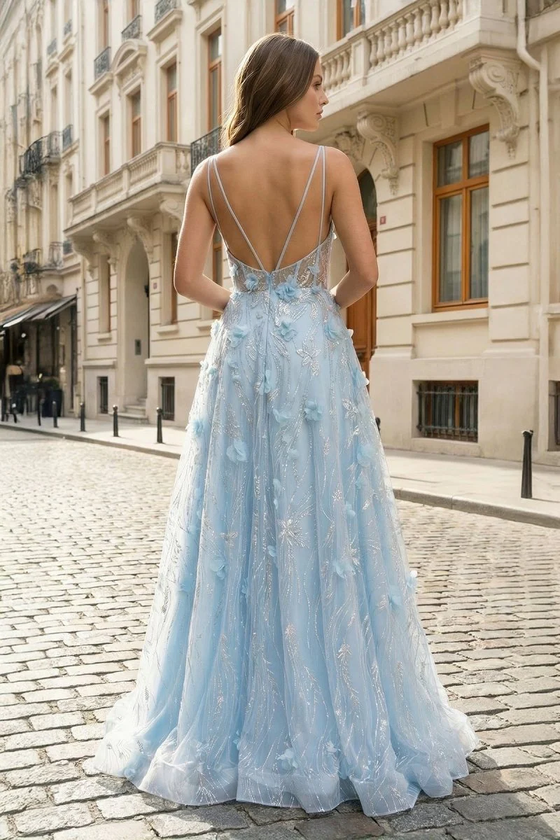 Light Blue 3D Flower Lace V-Neck A-Line Long Prom Dress