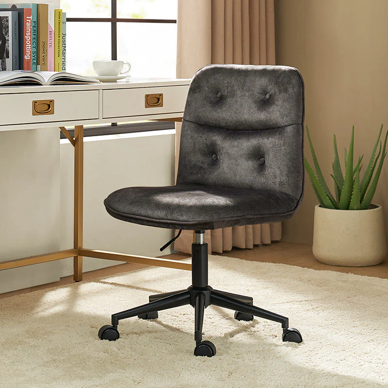 Velvet Armless Swivel Task Chair with Button & Channel Tufting, Adjustable Height & Black Metal Base | Charcoal | Single Seat