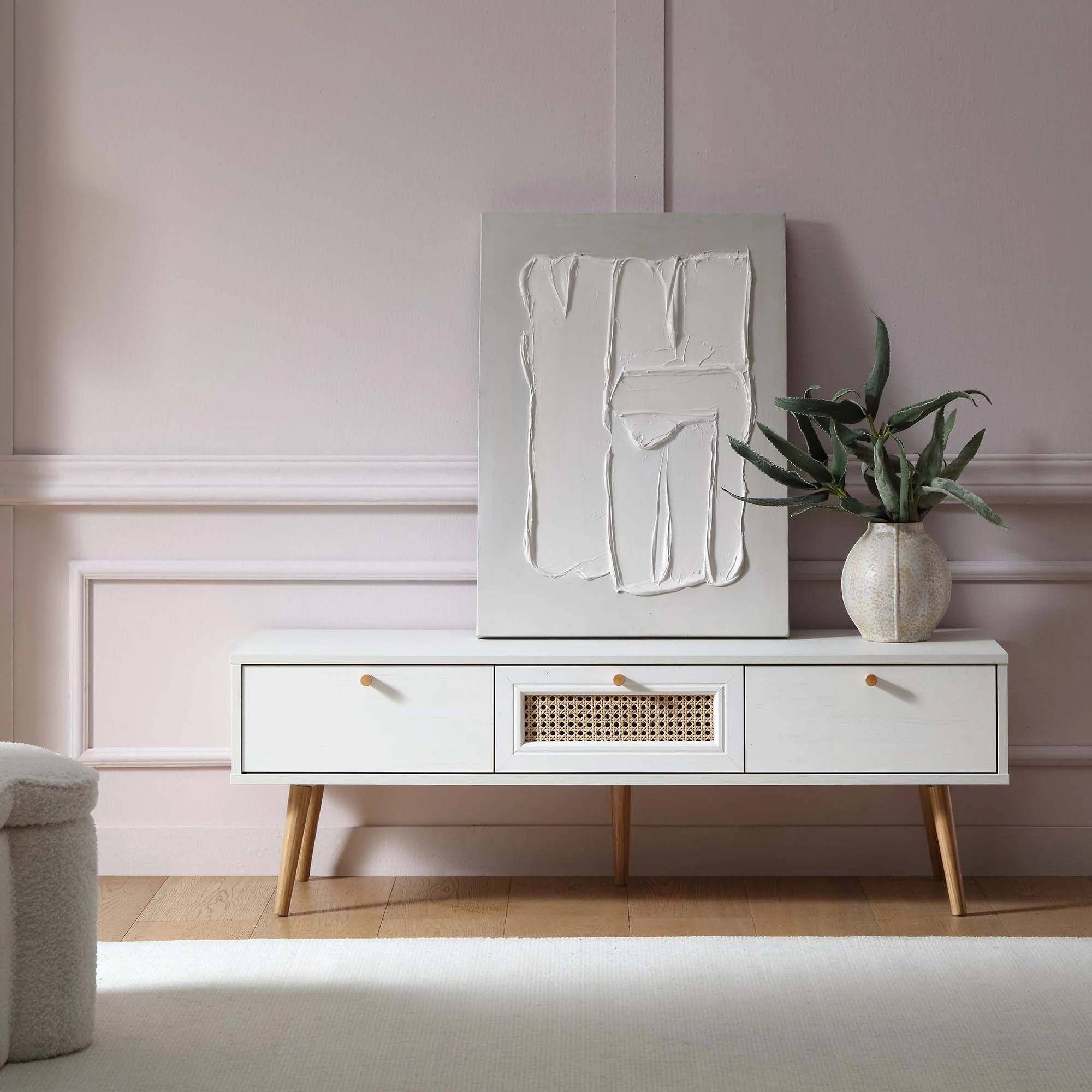 Woven Rattan 3-Drawer TV Unit in White