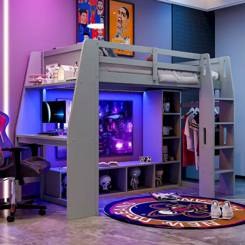 Twin Size Loft Bed Mulfunctional Wood Loft Bed w/Desk, Multi-storage Shelves, LED and Hanging Clothes Rack, No Box Spring Needed