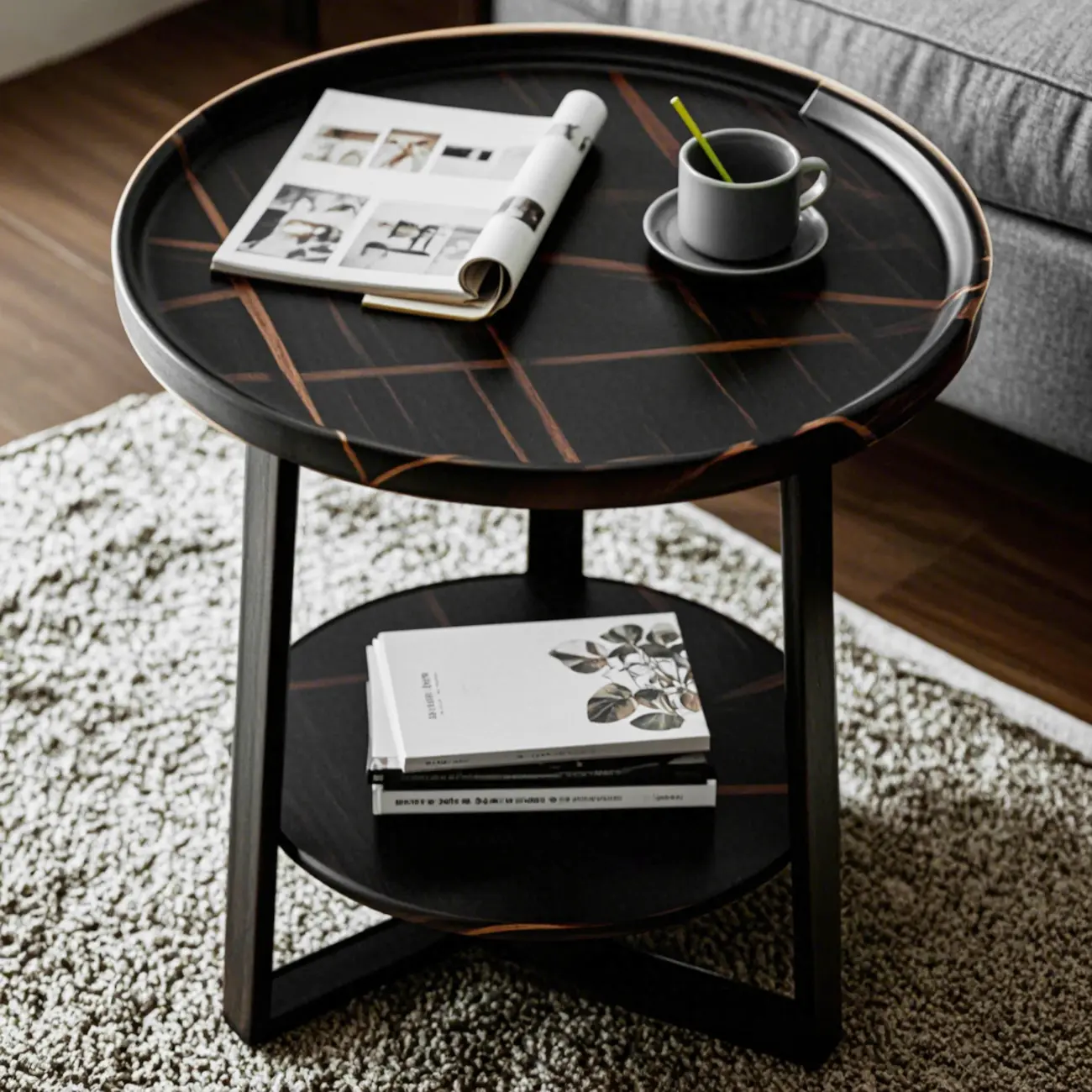 Modern Wooden Top Tray Coffee Table with Cross Legs & Shelf