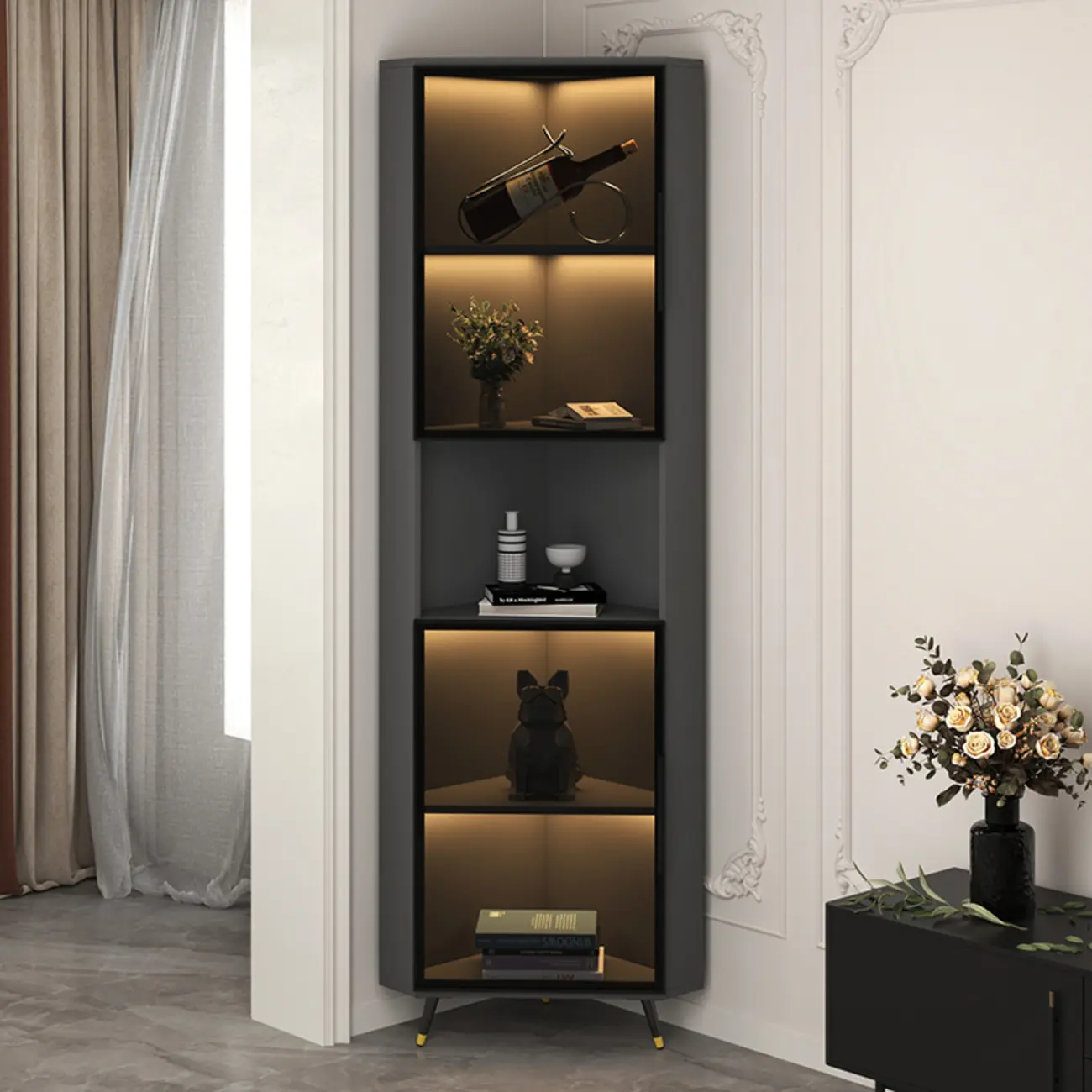 Modern Glam White-Gold Wood Glass Display Cabinet
