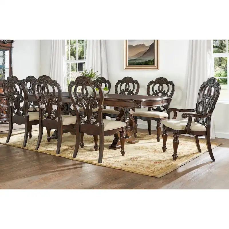 Traditional Hardwood Dining with Double Pedestal Table & Carved Chairs – Pecan, Seats up to 10