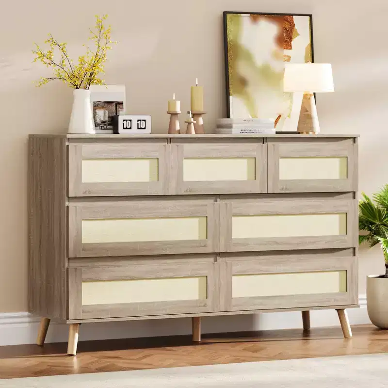 Wood Dressers for Bedroom with 7 Drawers, Wide Modern Chest of Drawers for Hallway, Wooden Closet Dressers with Rattan Drawers, Boho TV Stand Dresser