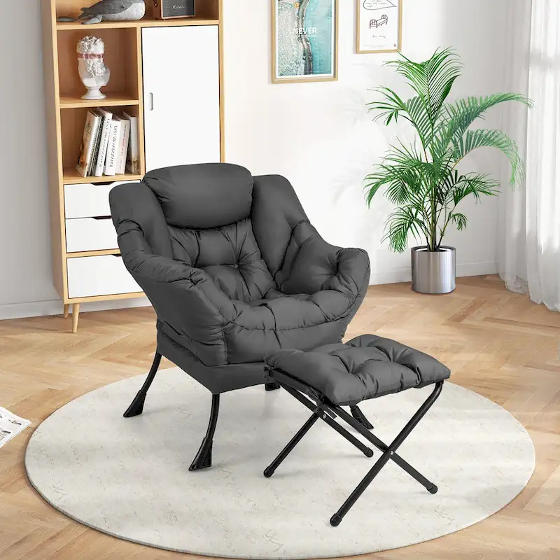 Gymax Lazy Sofa Chair Accent Leisure Armchair with Folding Footrest &