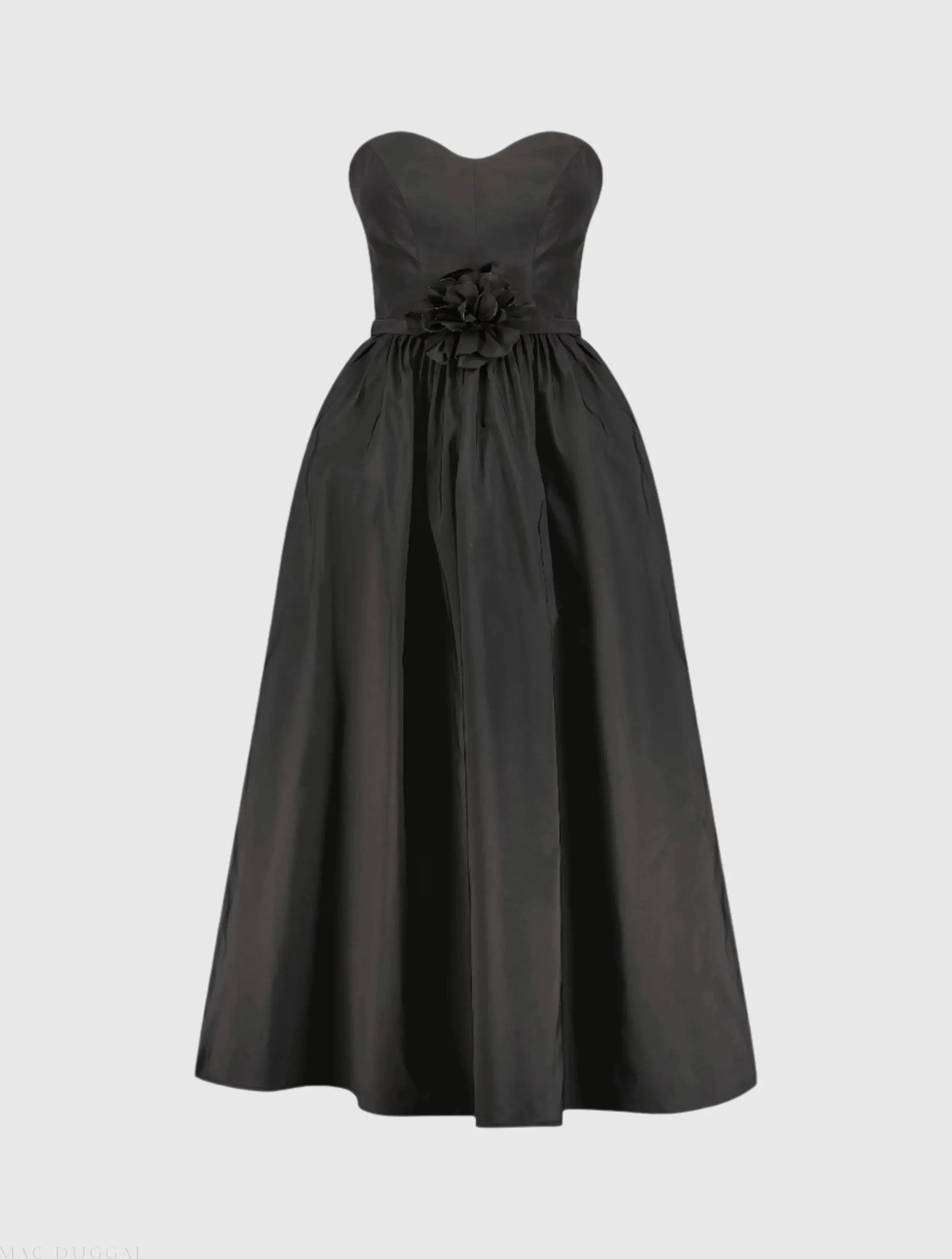 Black Faille Strapless A Line Midi Dress With 3D Rose