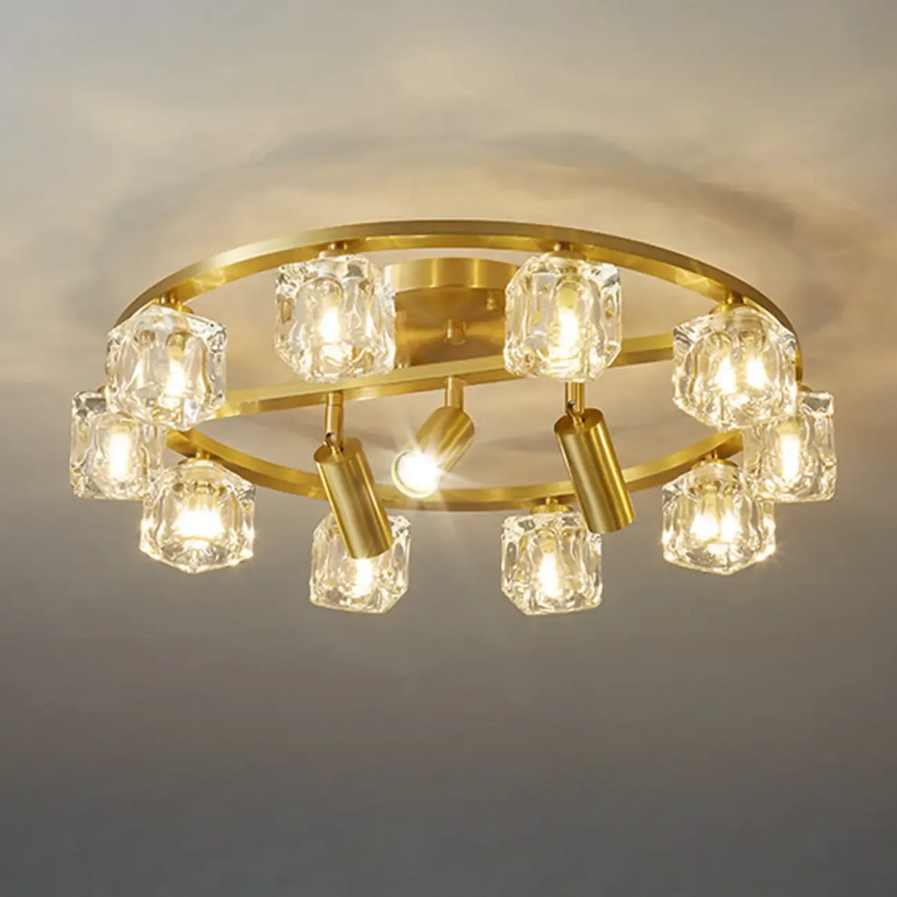 Gold Circle Cube Crystal Semi Flush Ceiling Light with Spotlights