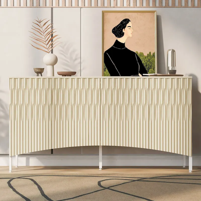 Modern Cupboard Sideboard with 4 Arched Groove Door, Storage Cabinet with Metal Legs and Adjustable Shelves for Living Room